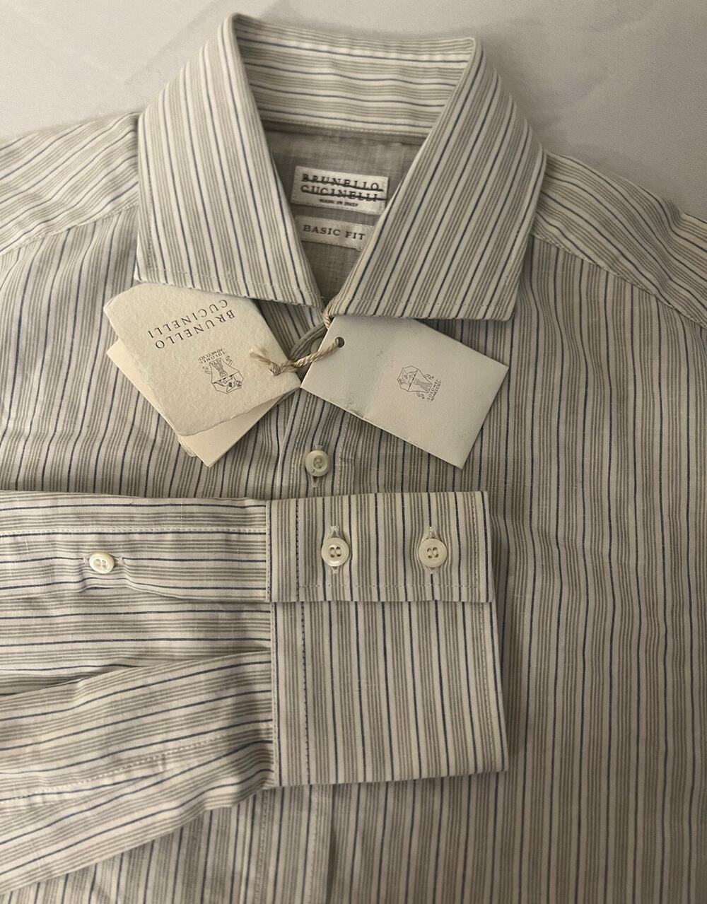 NWT Brunello Cucinelli Striped Cotton & Linen Basic Fit Shirt Size S $880.00